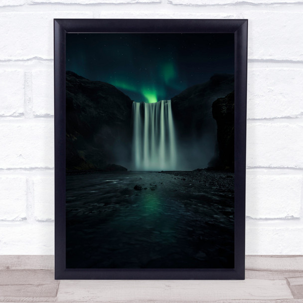Green night Skogafoss Iceland Waterfall Falls Atmosphere Dark Wall Art Print