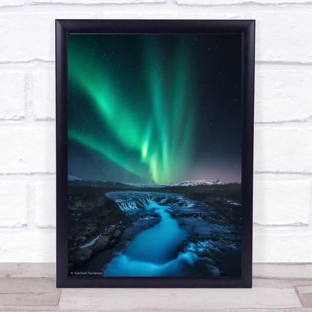 Green Vs Blue Night Aurora Stars Waterfall Iceland Astronomy Wall Art Print