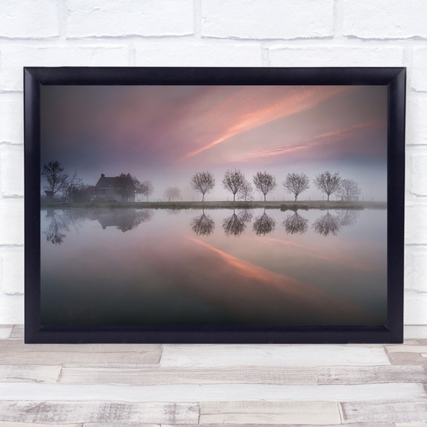 Holland Reflection Fog Morning Trees Netherlands River Lake Water Wall Art Print