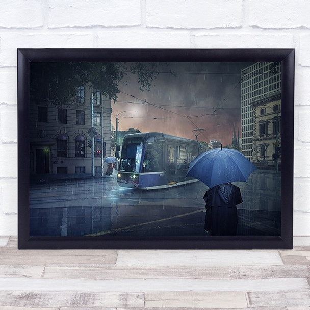 Melbourne Tram Rain Umbrella Blue Australia Transportation Wall Art Print