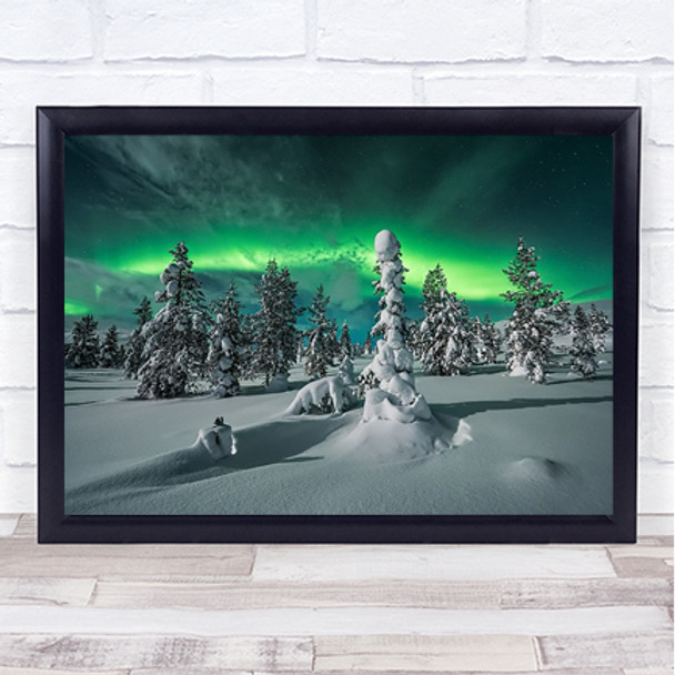 Polar Night Winter Snow Trees Sky Forest Aurora Borealis Northern Wall Art Print