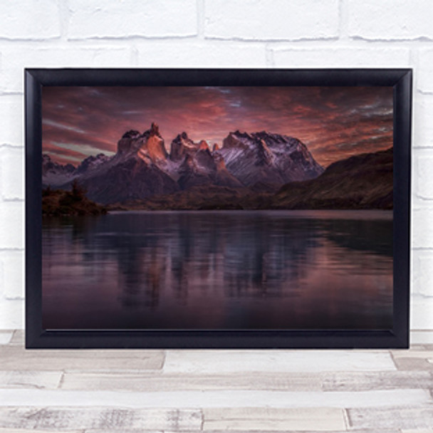 Purple Mirroring Mountain Mountains Red Water Reflection Sky Clouds Art Print