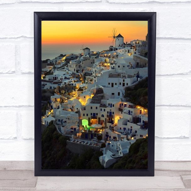 Santorini Greece Aerial Island Windmill Cityscape Village Night Oia Art Print