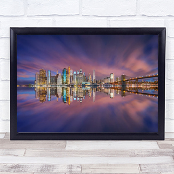 Skyline Manhattan Night Reflection Water River Building Wall Art Print