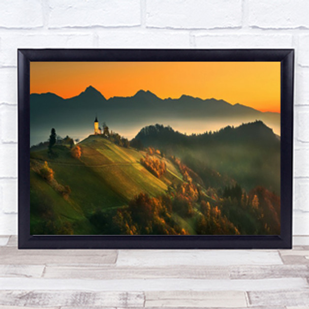 Slovenia Autumn Church Jamika Mountains Orange Mist Trees Alps Wall Art Print