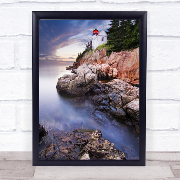 Sunset At Bass Harbour Lighthouse Cliff Rock Rocks Building Coast Wall Art Print