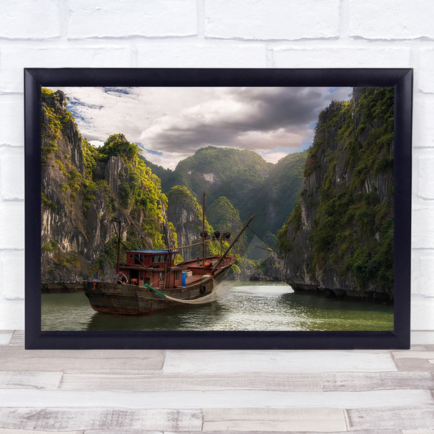 Time Stands Still Vietnam Boat Wood Limestone Sea Asia Water Sunset Art Print
