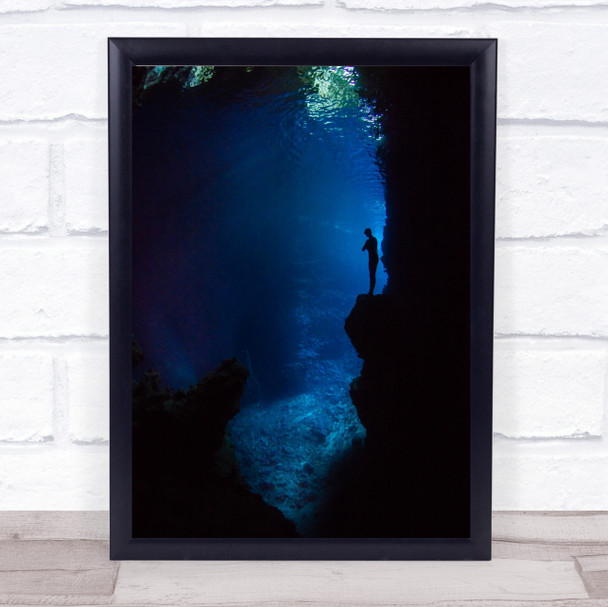 Underwater Freediving Apnea Blue Cave Person Water Wall Art Print