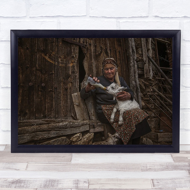 Animal Woman Drinking Goat Baby Feed Feeding Nursing Wall Art Print