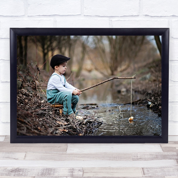 Fisherman Boy Fishing Water Little Forest Trees Sitting Stick Wall Art Print