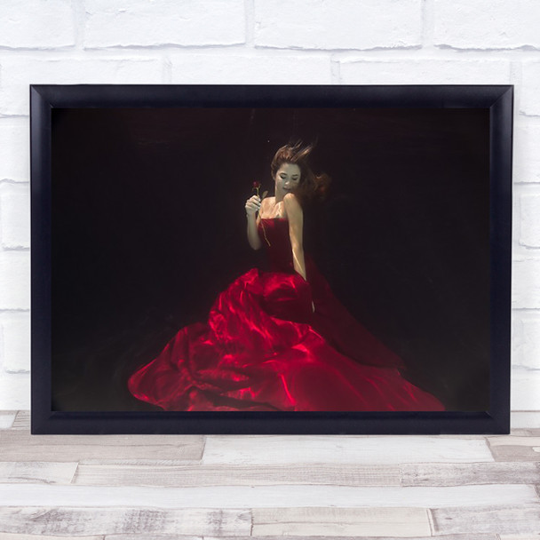 Red Queen Underwater Girl Rose Floating Surreal Woman In Wall Art Print