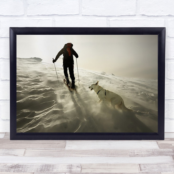 Couple Skiing Ski Dog Snow Winter Action Sport Pet Animal Wall Art Print