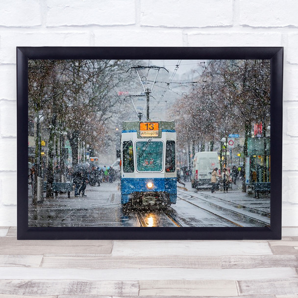 Zurich Tram Traffic Street City Center Numbers Cars People Snow Wall Art Print