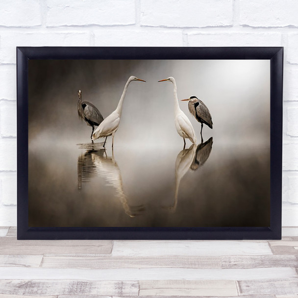 Challenges in the snow Heron Birds Fog Couple Water Bird Wall Art Print