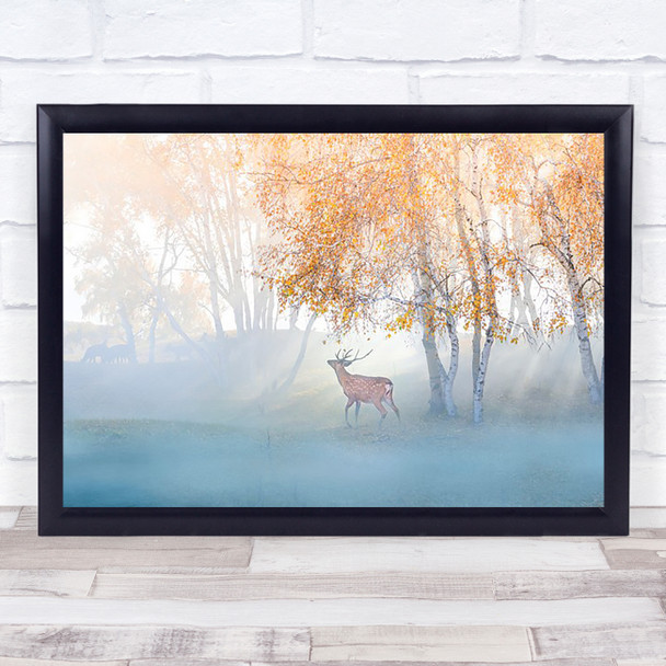Elk Lost in Mist Deer Elks Animal Animals Birch Birches Trees Wall Art Print