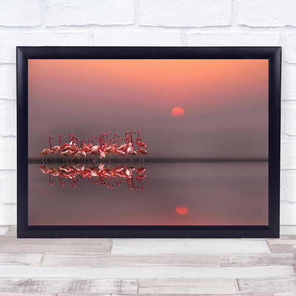 Purple Sunset Animals Animal Nature Water Sun Red Flamingo Birds Bird Art Print