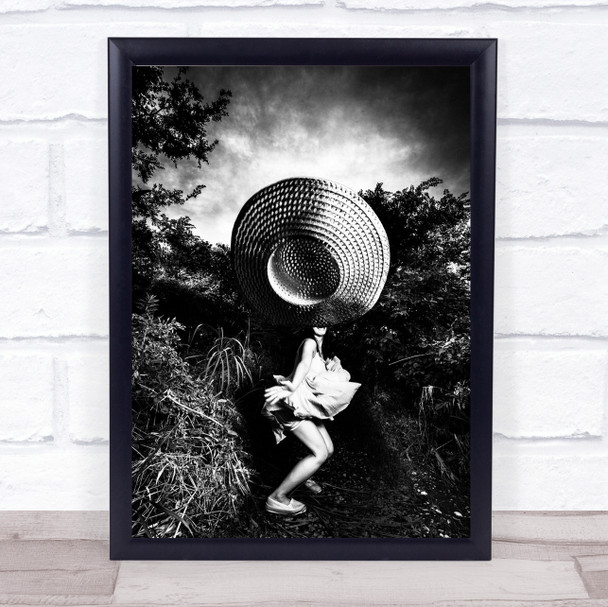 Summer Woman Hat Blacka White Girl Dress Grass Sky Wall Art Print