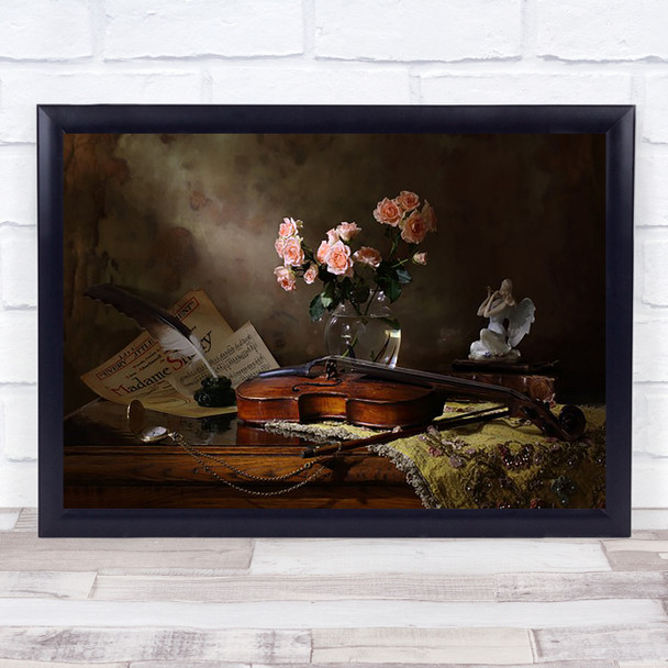 With Violin Roses Music Old Book Flower Vase Angel Instrument Wall Art Print