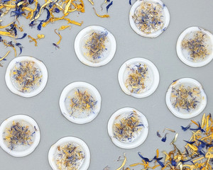 10x Cornflower Blue and Marigold Petals in Semi Clear Wax Self Adhesive Wax Seal