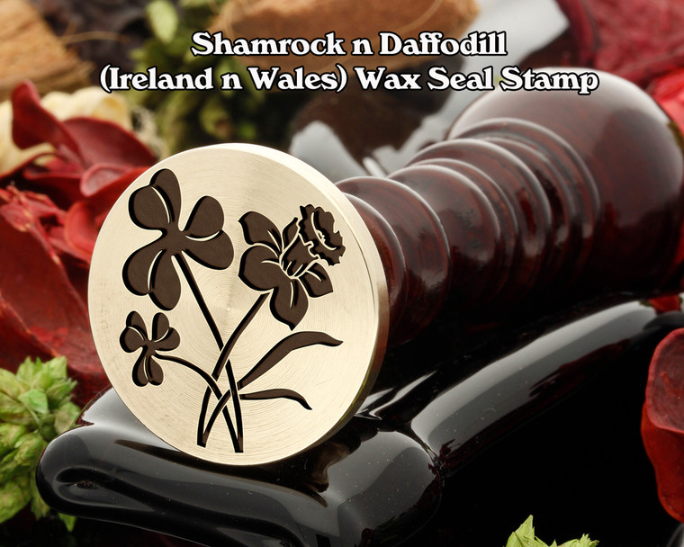 Shamrock n Daffodill ( Ireland n Wales ) Wax Seal Stamp - Shamrock on left in sealing wax