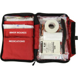 Wildland Fire Personal First Aid Kit by rescue essentials unzipped and open, showing contents of zippered pouch