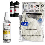 PPE Module by rescue essentials showing nitrile gloves, 4oz hand sanitizer and N95 masks laid out flat