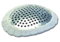 A malleable and light weight perforated metal screen that is placed over an injured eye. White Protective Cloth Cover enhances comfort.