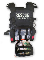 Rescue Task Force RAPID Vest by rescue essentials in black, with center pouch open