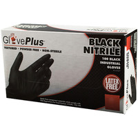 GlovePlus Black Nitrile Gloves, Front of box view.