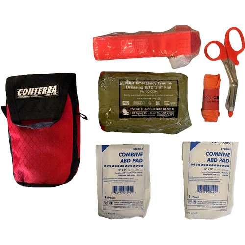 Sawyer Bleeding Control Kit showing contents of kit laid out
