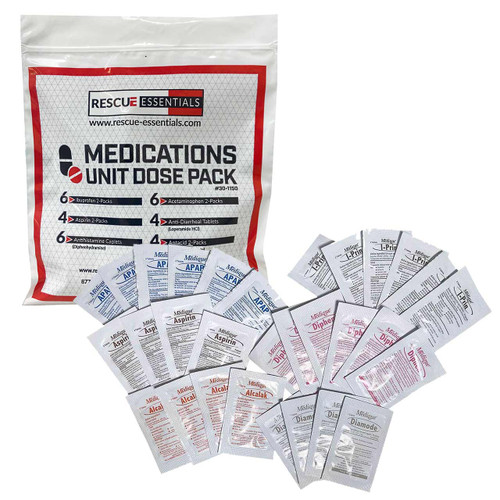 Medications Unit Dose Pack (Ibuprofen, Acetaminophen, Aspirin, Loperamide, Diphenhydramine, & Calcium Carbonate), bag and contents