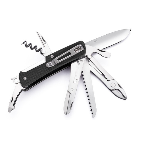 Ruike M51 Multi-Functional Knife, open position with all multitools displayed.