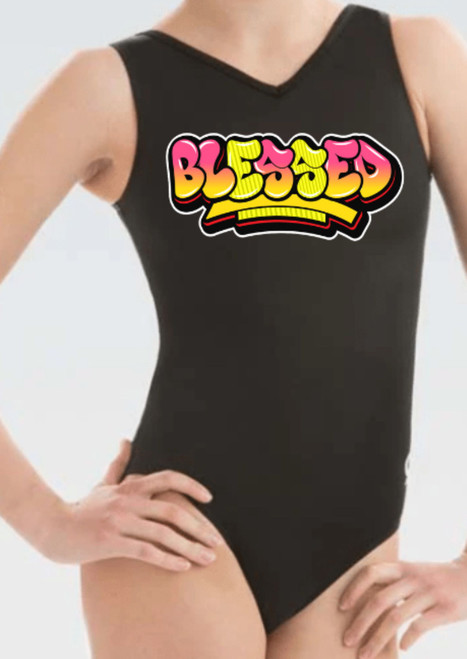 Graffiti BLESSED Girls Gymnastics Leotard: Black Nylon.