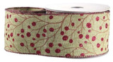  Ribbon Wire Edged Natural & Red Berries (63mm x 10 yards) 