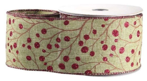 Ribbon Wire Edged Natural & Red Berries (63mm x 10 yards)