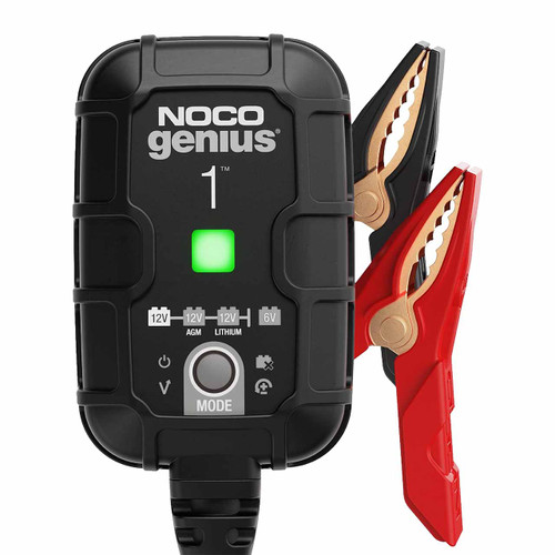 NOCO Genius 1 compact smart charger and maintainer for 6V and 12V lead acid and lithium batteries with clamps attached