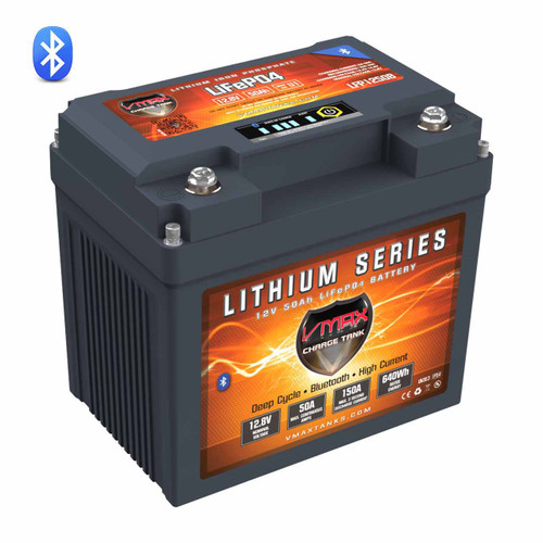 VMAX LFP1250B 12V 50Ah Lithium Bluetooth Battery with LiFeP04 technology.