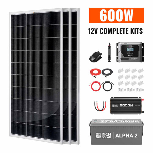 600W Complete Solar Panel Kit with 200Ah Lithium Battery & 3000W Pure Sine Wave Inverter – Rich Solar RS-CK600