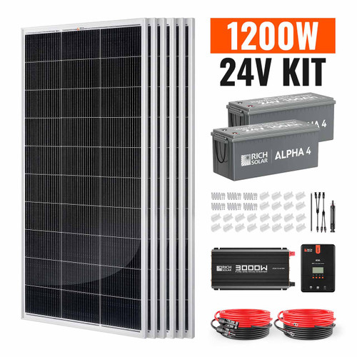 1200W Complete Solar Panel Kit with Two 100Ah 24V Lithium Batteries & 3000W Pure Sine Wave Inverter – Rich Solar RS-CK1200