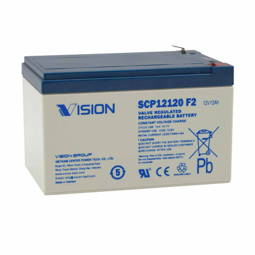 Vision 12V 12Ah AGM Battery with F2 Terminals SCP12120 F2 Replaces DURA12-12F2 Vision 12V 12Ah AGM Battery with F2 Terminals SCP12120 F2 Replaces DURA12-12F2