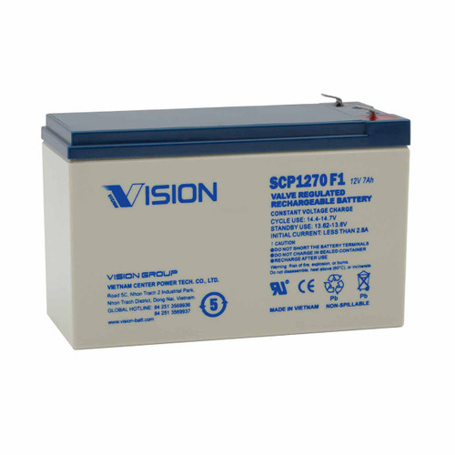 Vision 12V 7Ah AGM Battery with F1 Terminals SCP1270 F1 Replaces DURA12-7F Vision 12V 7Ah AGM Battery with F1 Terminals SCP1270 F1 Replaces DURA12-7F