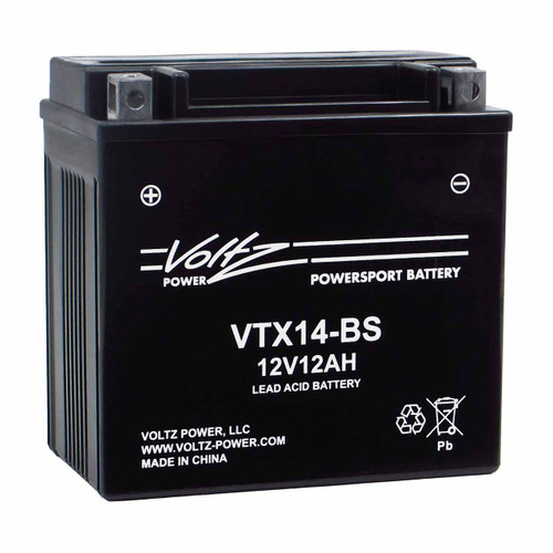 Voltz VTX14-BS AGM motorcycle battery that replaces YTX14-BS or ETX14 powersport batteries