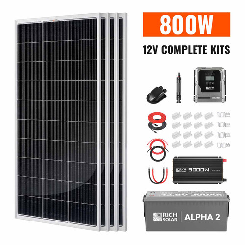 800W Complete Solar Panel Kit with 200Ah Lithium Battery & 3000W Pure Sine Wave Inverter – Rich Solar RS-CK800
