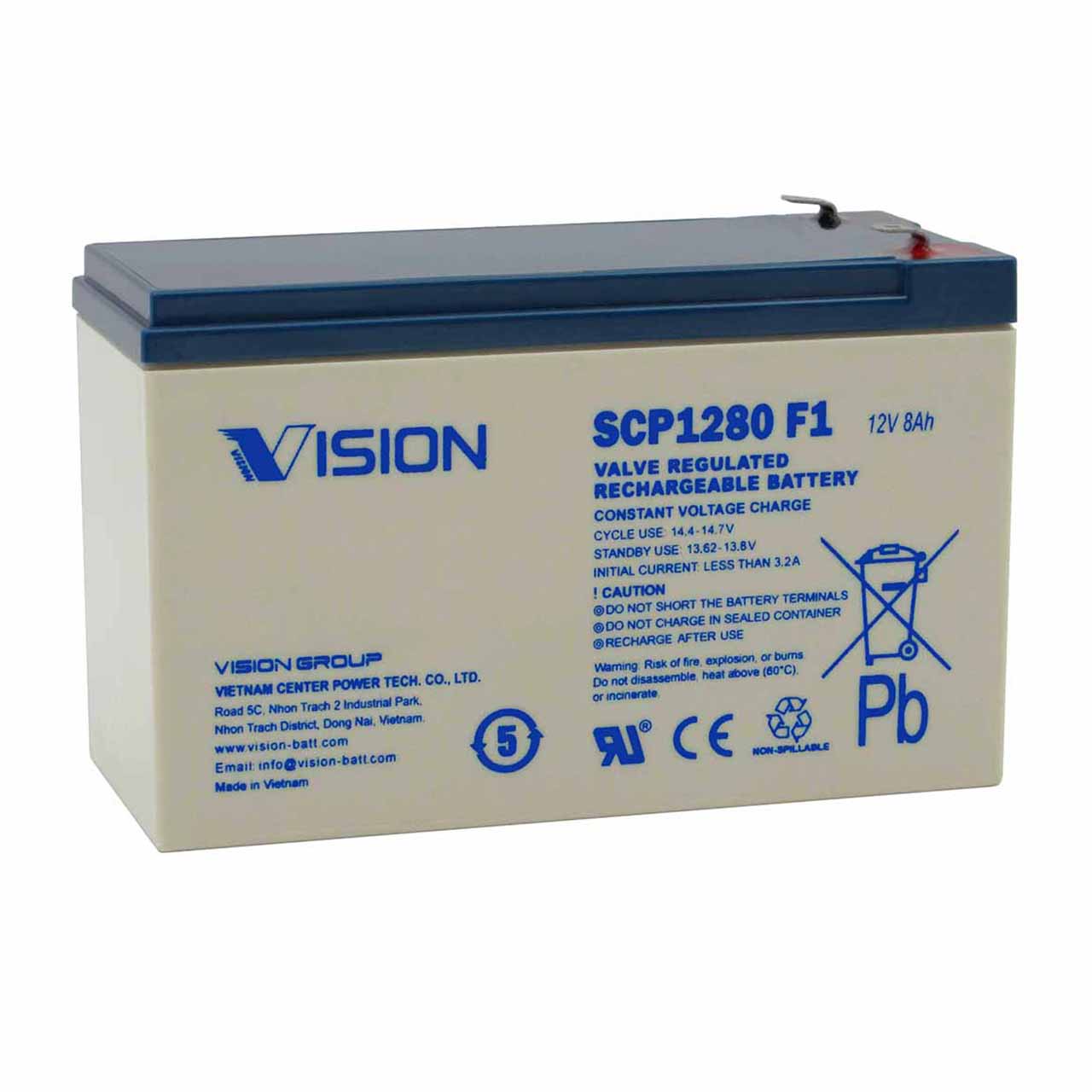 Vision SCP1280 12V 8Ah UPS Battery with F1 Terminals – Replaces