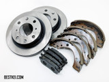 Brake Package - 3 Piece - Front Brake Pads, Front Brake Rotors, Rear Shoes - Honda Acty Truck HA6, HA7 Models - 1999-2009