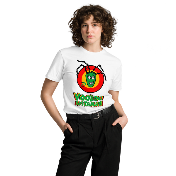 Front t-shirt with the Voodoo Rastaman design by Spread Delirium on female model.