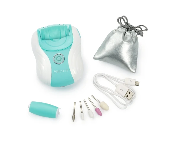 Râpe électrique Pedismooth Sibel blanche et turquoise avec rouleau exfoliant, cinq accessoires de pédicure, câble USB et pochette de rangement