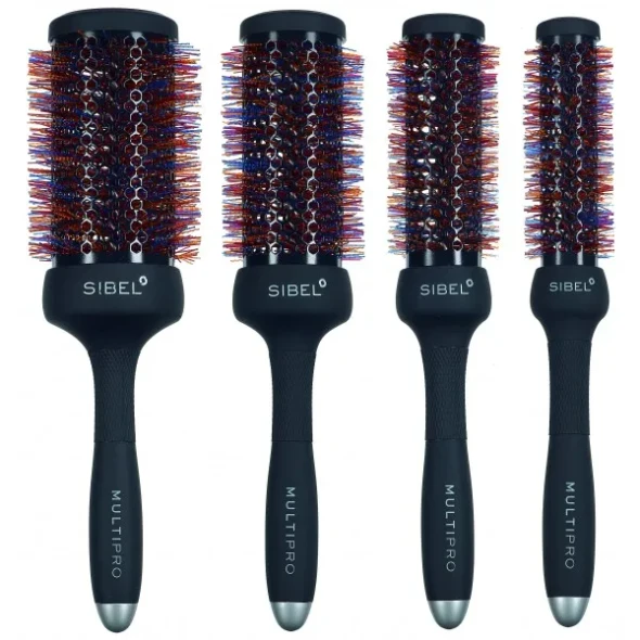 Kit Sibel Multipro de quatre brosses thermiques rondes en céramique, diamètres 25, 33, 43 et 53 mm, avec soies nylon multicolores