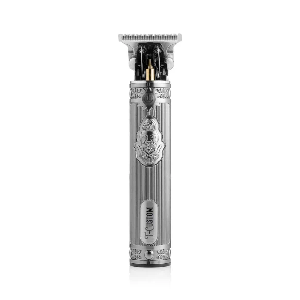 Tondeuse de finition Barber T Custom Sthauer argentée avec lame de précision en T, corps métallique gravé et batterie rechargeable