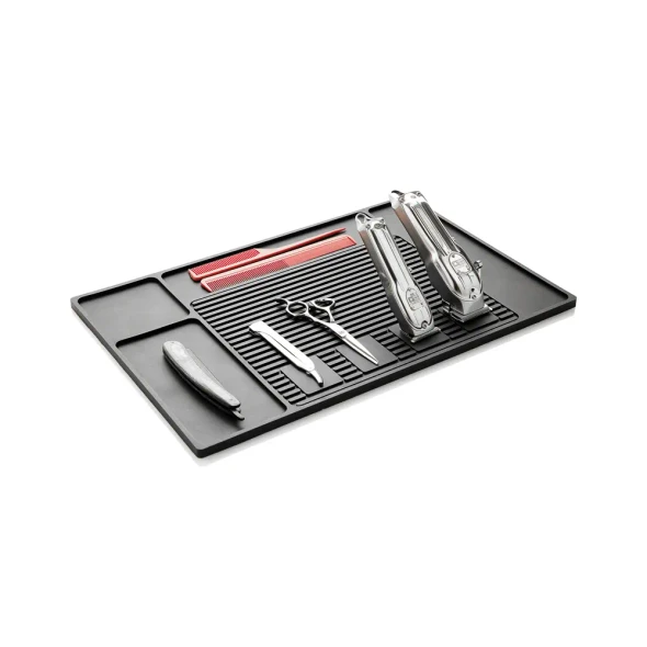 Tapis de barbier magnétique Barber Top noir avec surface rainurée et emplacements de rangement pour tondeuses, ciseaux et peignes